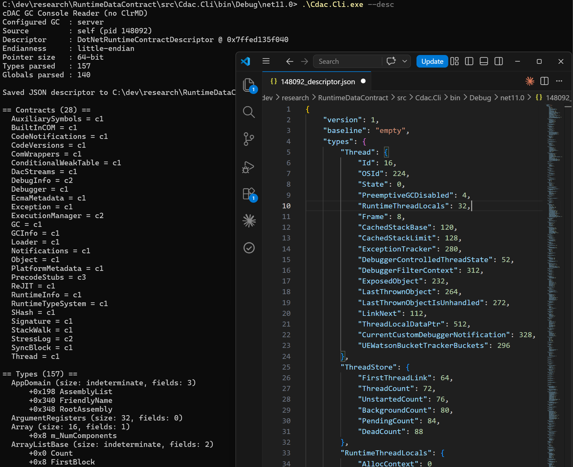 Cdac.Cli &ndash;desc output: a summary of the parsed contracts, types, and globals
